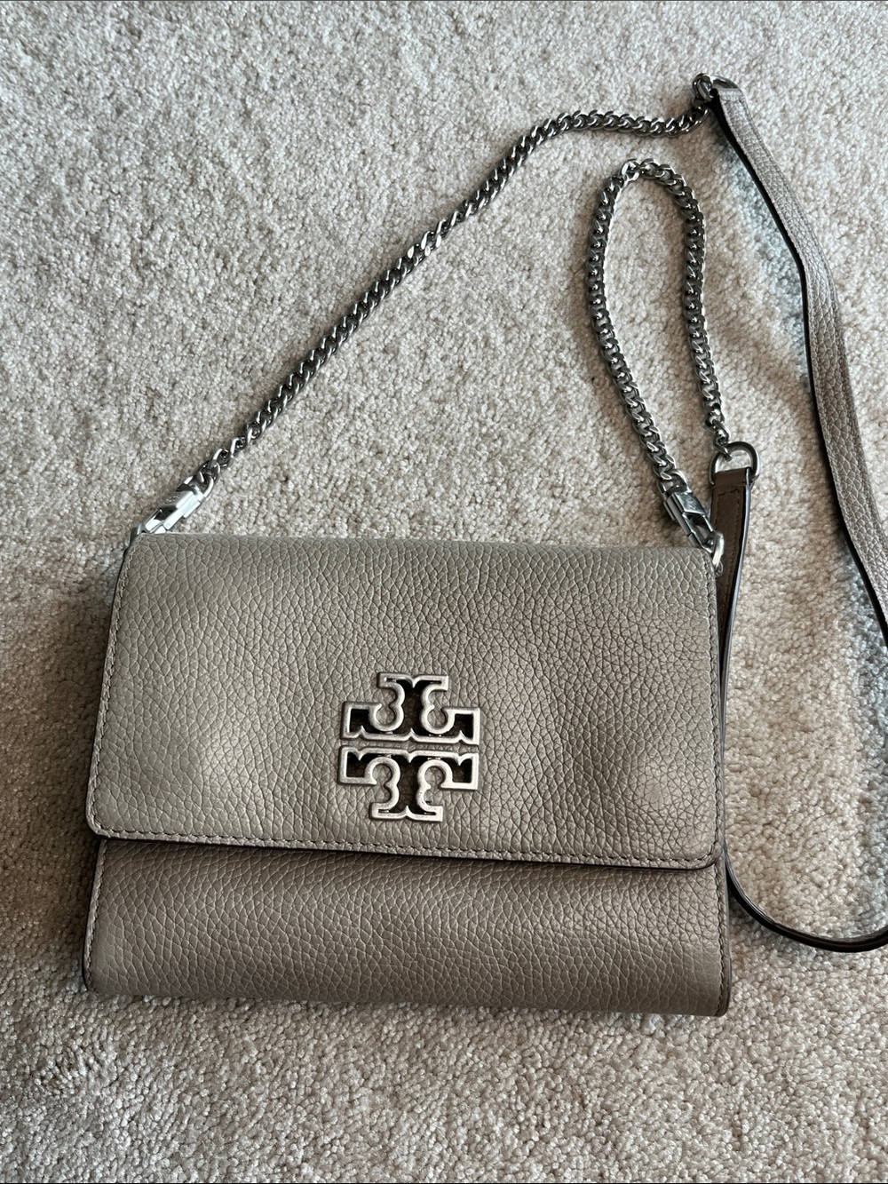 Tory Burch Taupe Grey Pebbled Leather Chain Crossbody
